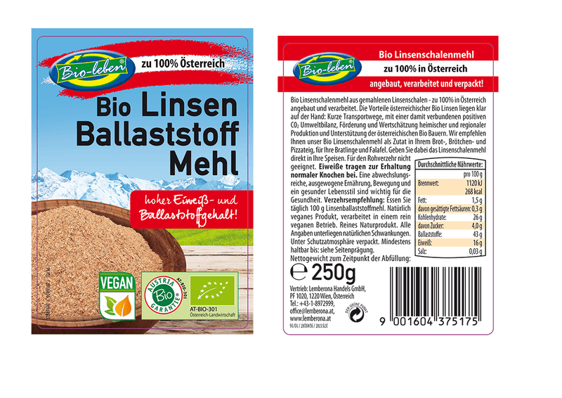 Gluten-free organic lentil peel flour from Austria